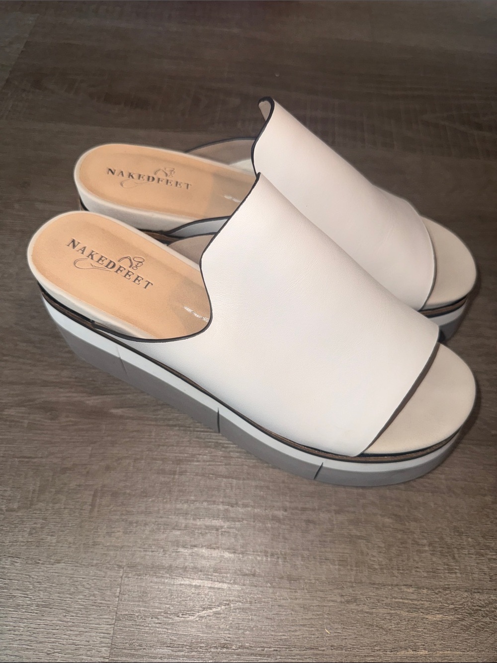 Naked Feet White Platform Slide Mules with Black Trim